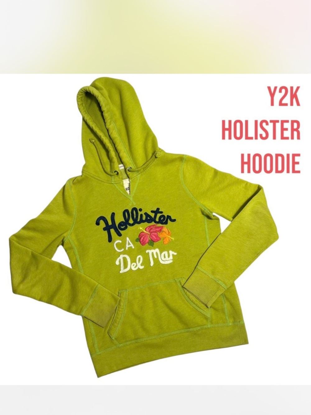 Hollister Bright Lime Green Embroidered Pullover Hoodie